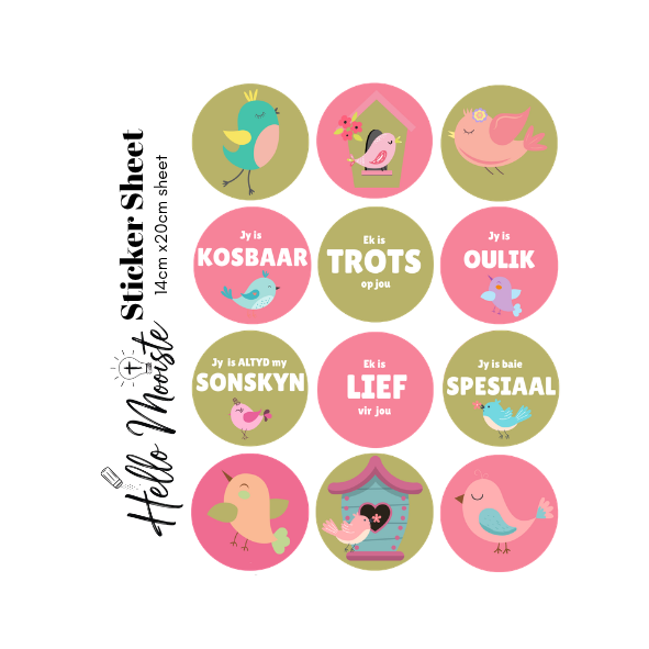 Kinder voeltjies Lunchbox - Sticker Sheet - Lieflike voeltjies